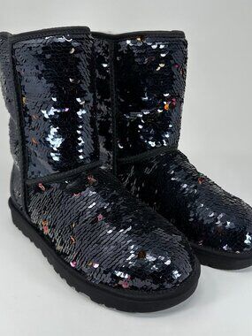 UGG Women's 6 Classic Short Sequin Sparkles Boots Black Pink Reversible Bling